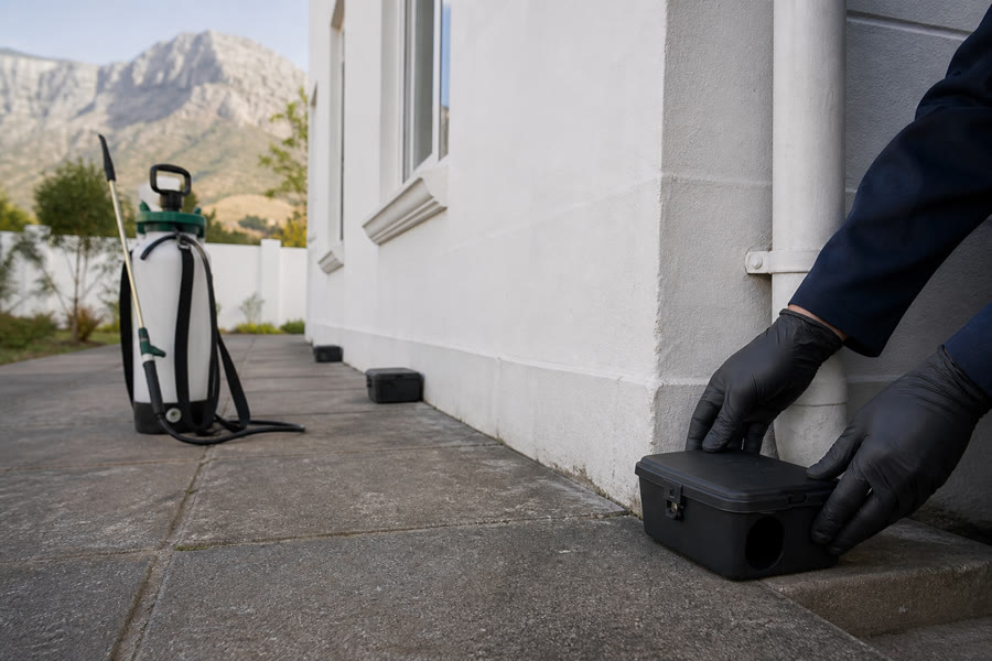 Locked bait stations being placed along a house foundation with a pump sprayer, Helderberg behind.