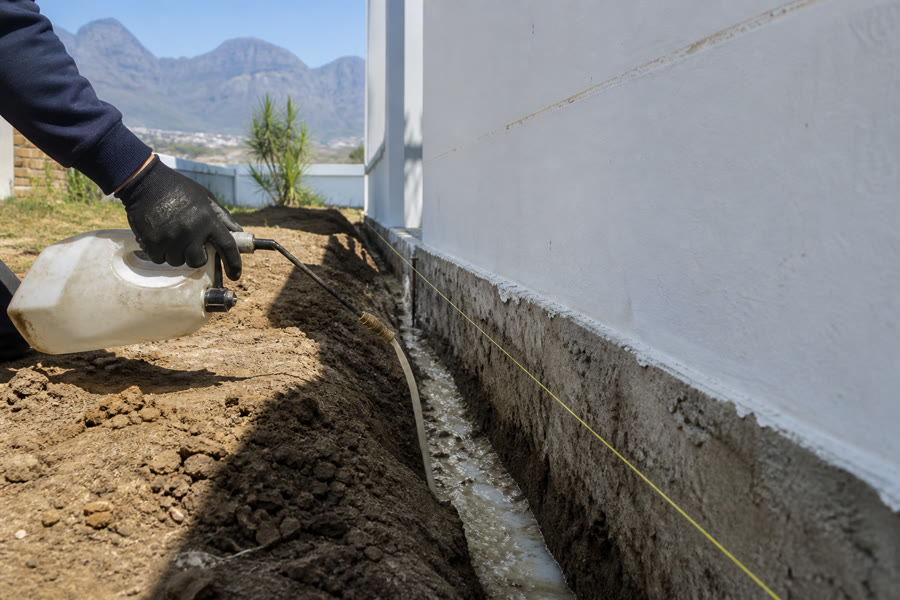Termite soil-barrier liquid being applied into a trench along a house foundation, Helderberg behind.